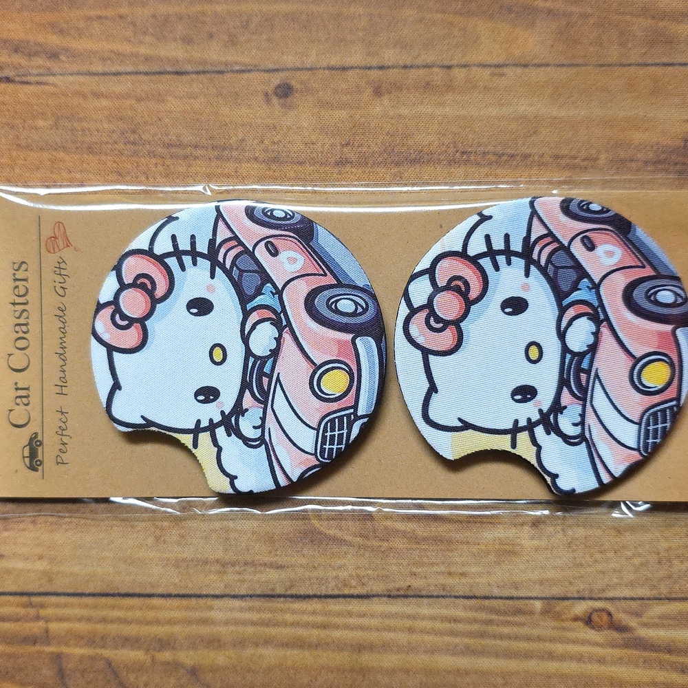 Kitty Cat Driving Car Cup Holder Coasters Handmade Reuseable Set of 2